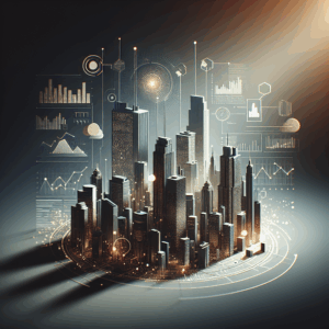 Sala minimalista com paredes em azul escuro e bege, luz suave, mostrando computadores modernos e gráficos digitais estilizados.