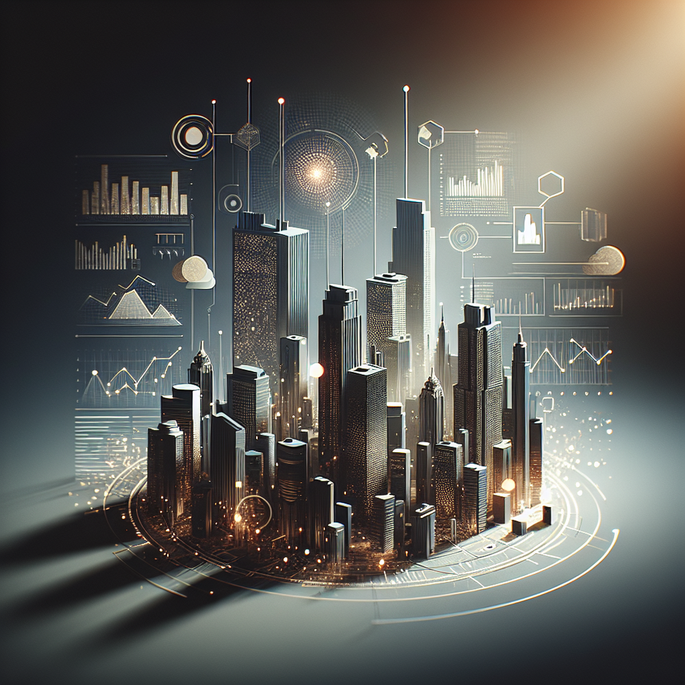 Sala minimalista com paredes em azul escuro e bege, luz suave, mostrando computadores modernos e gráficos digitais estilizados.