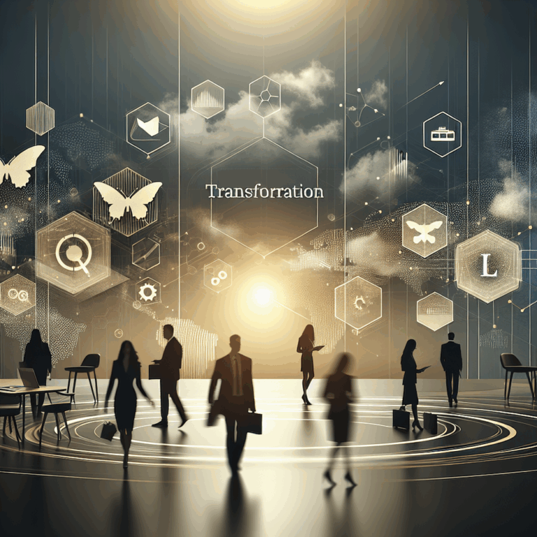 Painel minimalista com luz suave e elementos digitais sugerindo transformação tecnológica.