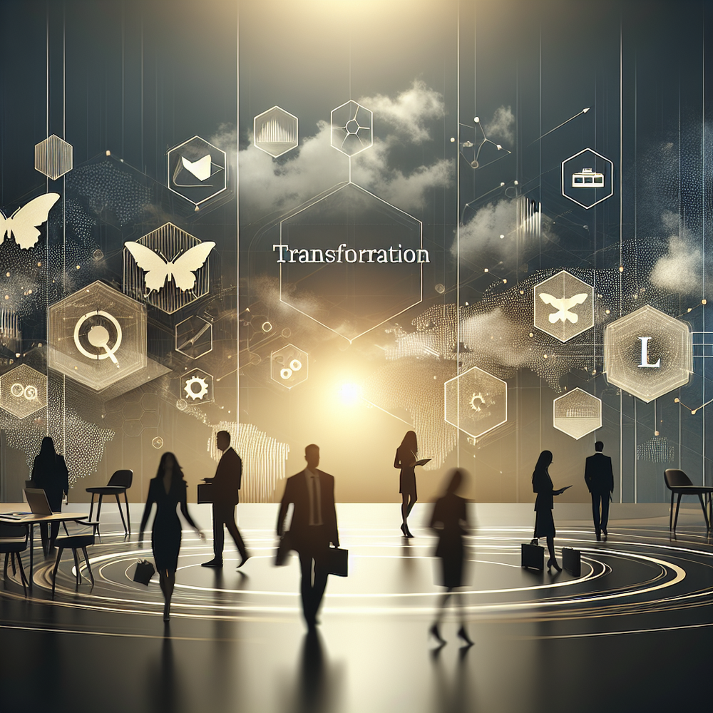 Painel minimalista com luz suave e elementos digitais sugerindo transformação tecnológica.