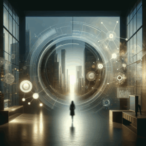 Painéis digitais minimalistas sugerindo integração entre tecnologia de marketing e sucesso do cliente