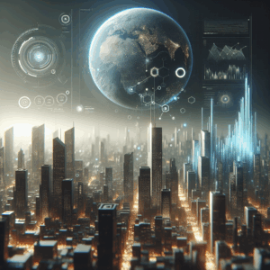 Futuristic cityscape at night with data visualizations and a planet above.