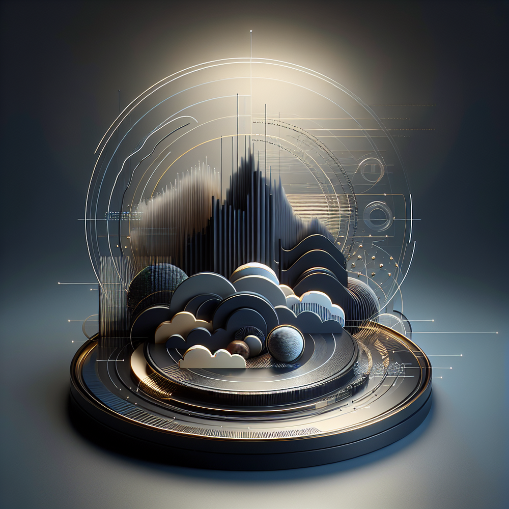 Ambiente digital minimalista com elementos abstratos de tecnologia e dados em tons sofisticados.