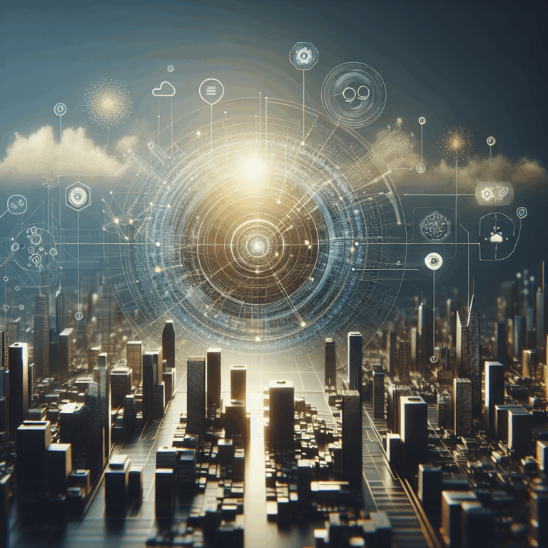 Ambiente digital minimalista com elementos de transformação e inovação em marketing