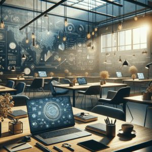 Ambiente digital sofisticado simbolizando a evolução e proteção da marca no marketing moderno