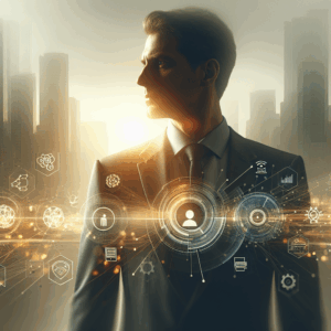 Escritório moderno com gráficos digitais mostrando tendências de marketing e dados.