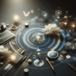 Sala moderna sem pessoas, luz suave, telas e gráficos digitais azuis e dourados minimalistas.