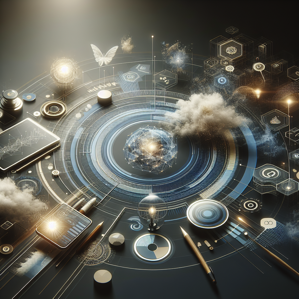 Sala moderna sem pessoas, luz suave, telas e gráficos digitais azuis e dourados minimalistas.