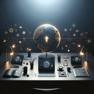 Visual de marketplace digital sofisticado sem pessoas nem logos, com atmosfera de transformação