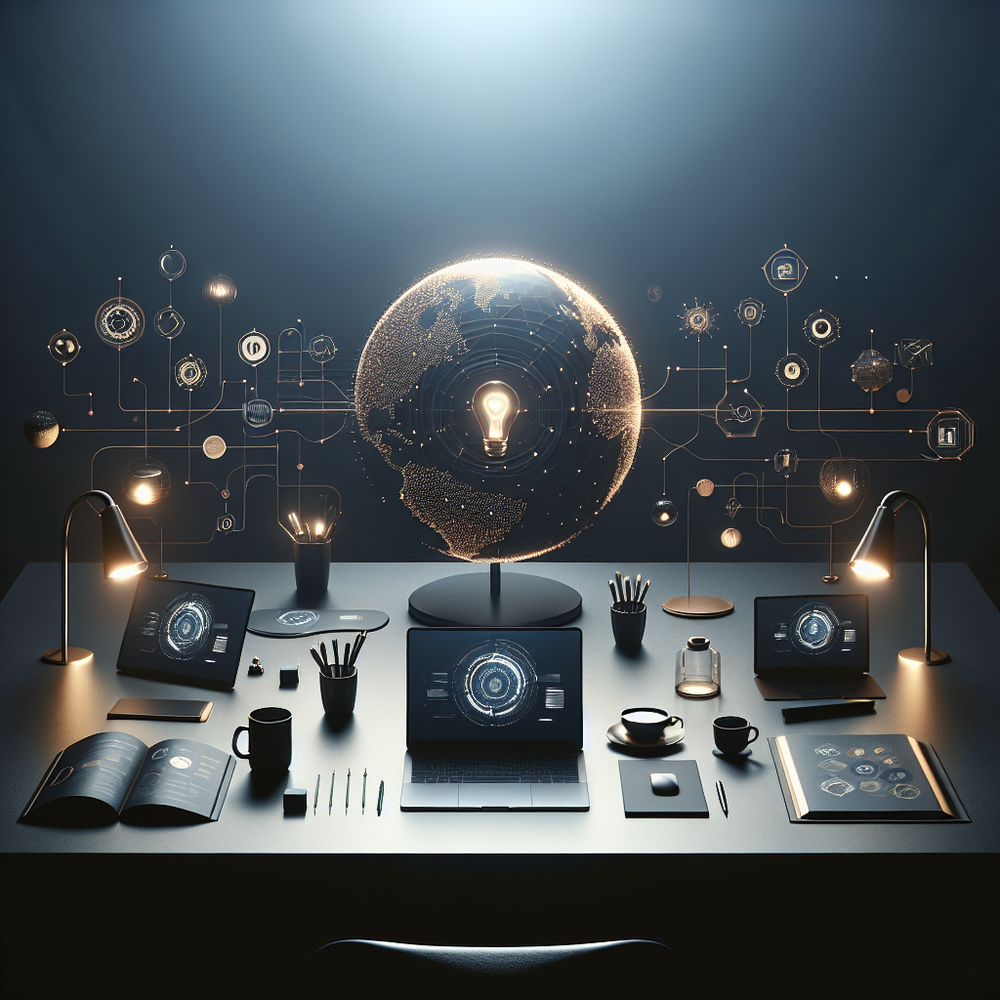 Visual de marketplace digital sofisticado sem pessoas nem logos, com atmosfera de transformação