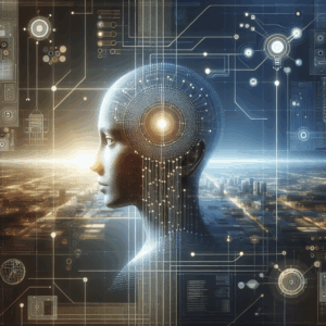 Profile of a humanoid head with digital circuitry and city skyline.