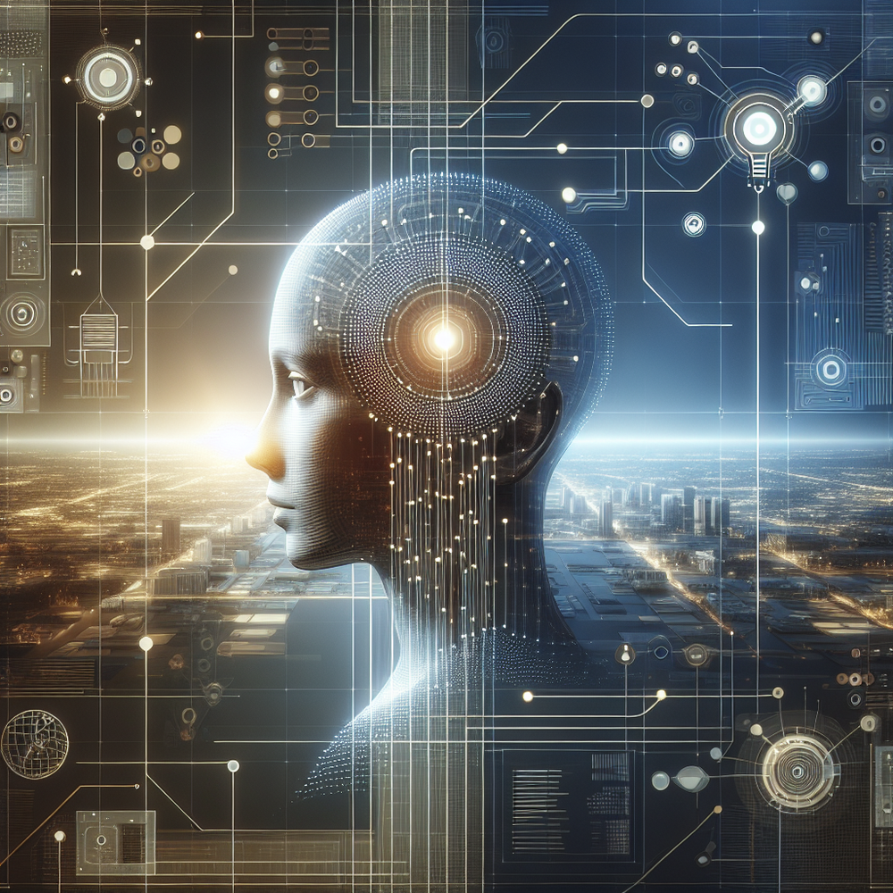 Profile of a humanoid head with digital circuitry and city skyline.