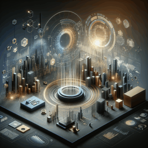 Painel digital sofisticado ilustrando evolução do marketing, dados e inovação tecnológica