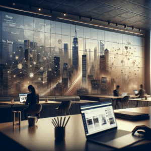 Ambiente digital minimalista com elementos tecnológicos abstratos e luz suave