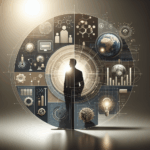 Sala contemporânea iluminada com telas digitais, gráficos minuciosos e atmosfera inovadora.