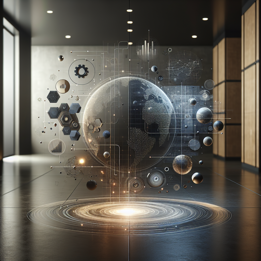 Ambiente digital minimalista representando inovação em marketing e tecnologia, com telas e gráficos sofisticados.