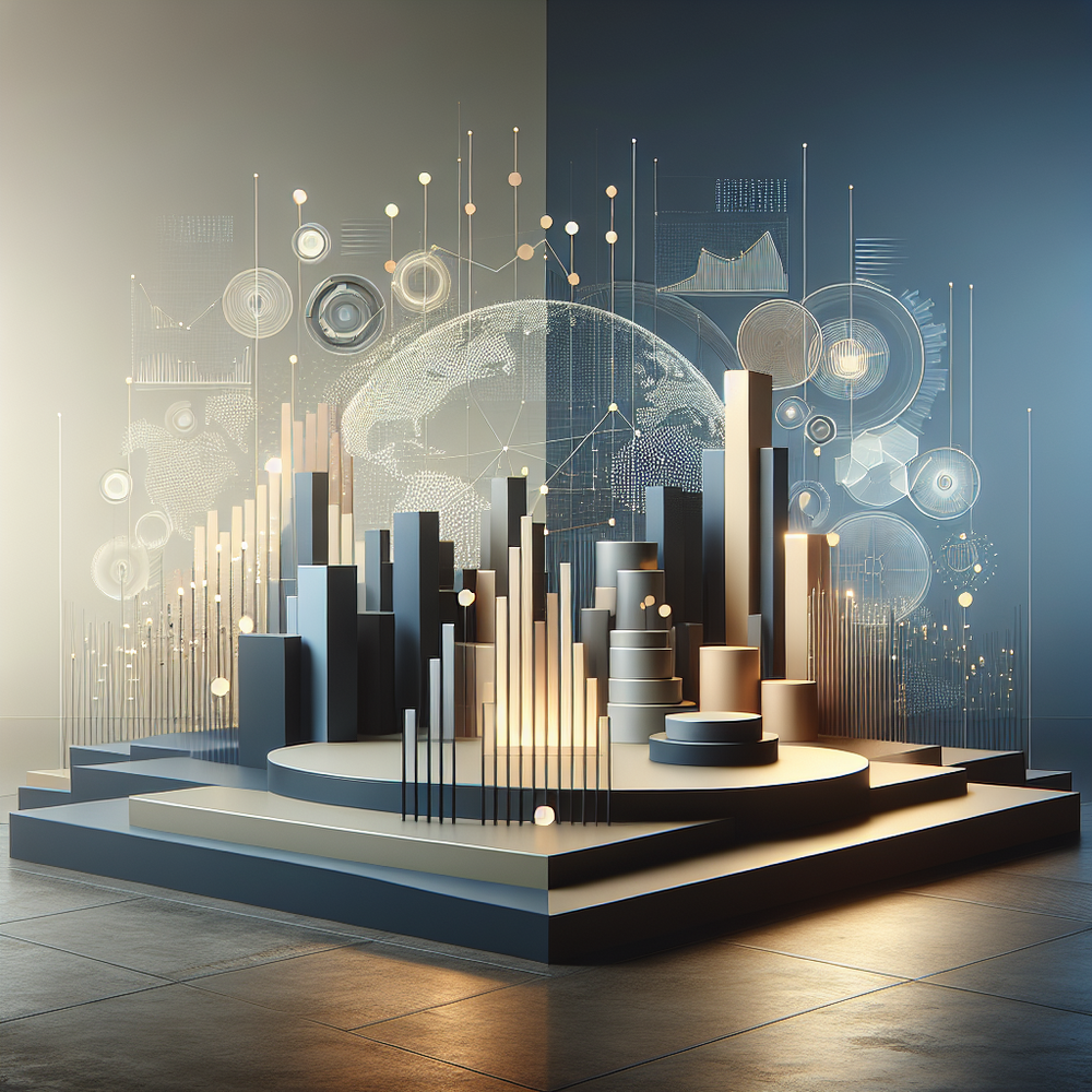 Ambiente minimalista e futurista com projeções de dados digitais mudando sobre superfícies sofisticadas.