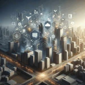 Sala escura com monitores, gráficos digitais abstratos e luz dourada suave