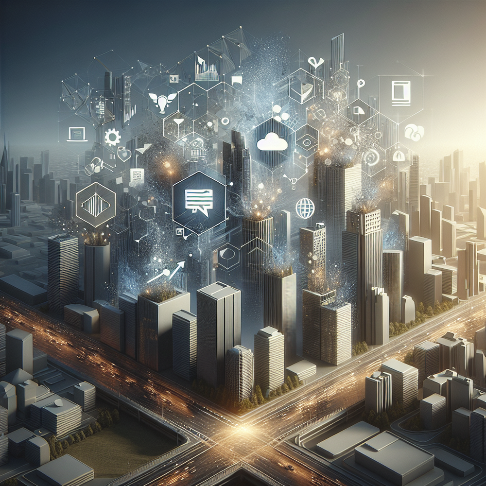 Sala escura com monitores, gráficos digitais abstratos e luz dourada suave