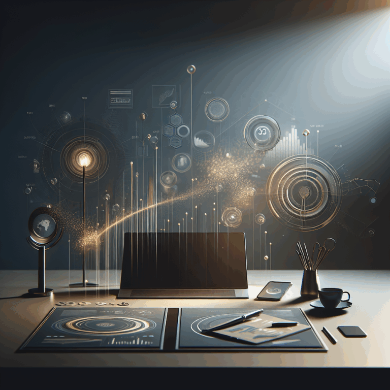 Foto minimalista abstrata, luz suave, tons azul escuro e dourado, sugerindo evolução digital.