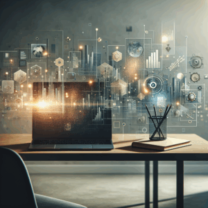 Ambiente moderno com elementos digitais representando evolução do marketing e dados