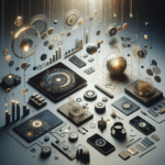 Ambiente moderno com elementos digitais e gráficos abstratos de dados iluminados suavemente.