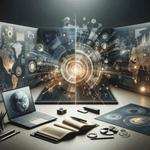 Ambiente minimalista com tons escuros e elementos digitais sugerindo inovação em marketing.