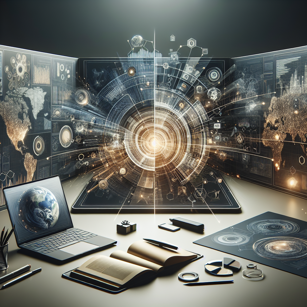 Ambiente minimalista com tons escuros e elementos digitais sugerindo inovação em marketing.