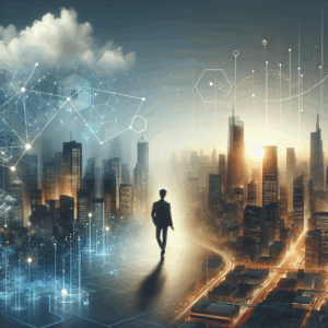 Mesa com smart speaker moderno iluminado por luz suave em cenário conectado minimalista