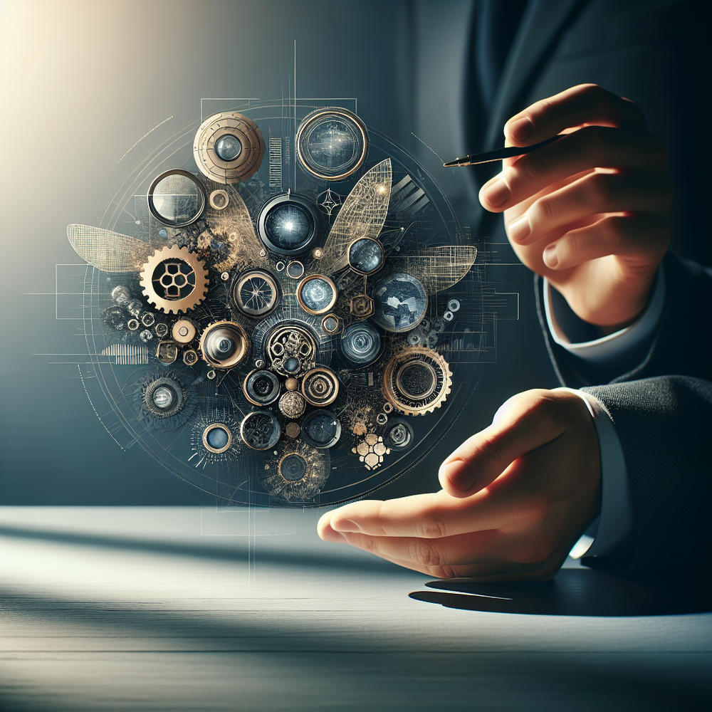 Ambiente minimalista com luz suave, telas exibindo gráficos digitais e atmosfera de transformação.