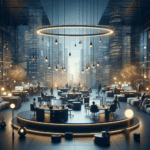 Painel digital abstrato conectando dados, elementos de voz, imagem e vídeo.