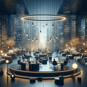 Painel digital abstrato conectando dados, elementos de voz, imagem e vídeo.