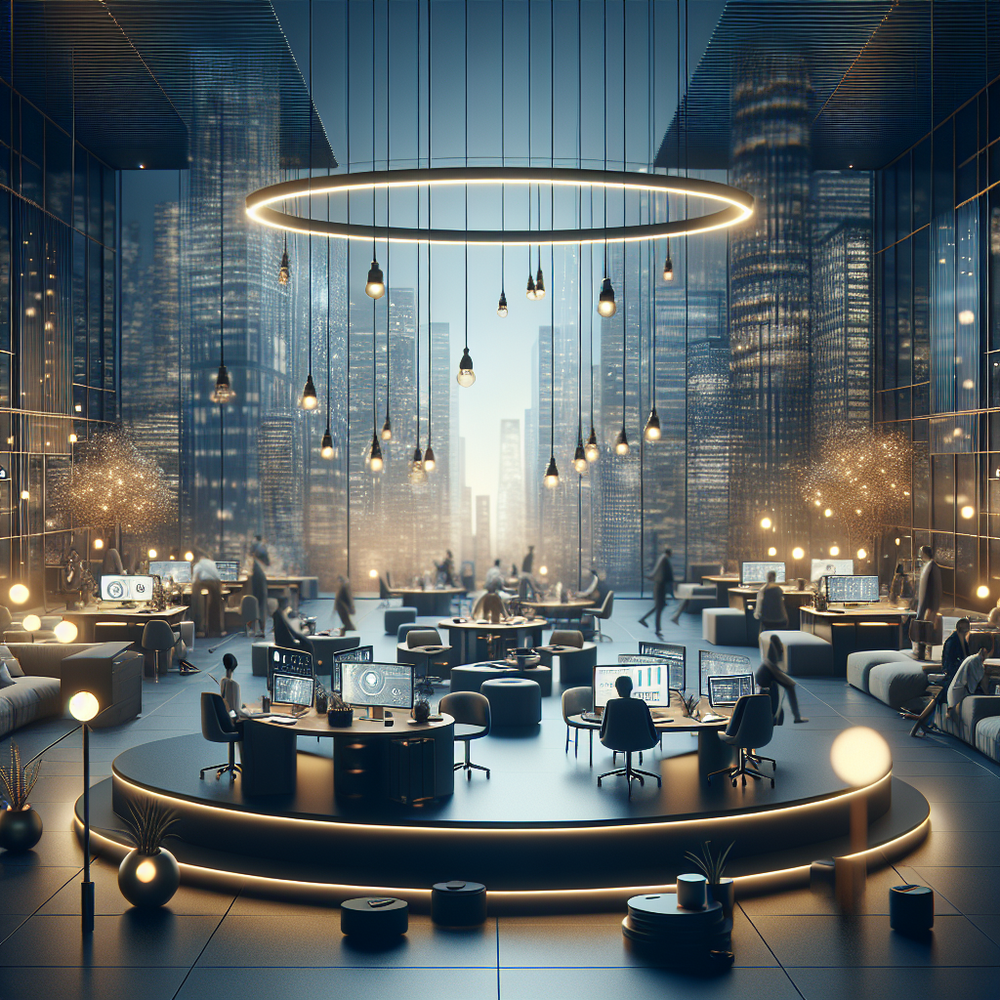 Painel digital abstrato conectando dados, elementos de voz, imagem e vídeo.