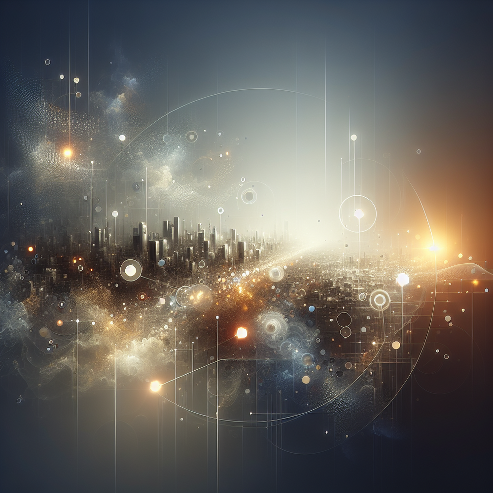 Painéis de dados digitais e elementos de marca em ambiente sofisticado e futurista