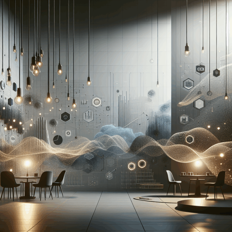 Ambiente digital minimalista com elementos de dados e tecnologia em evolução