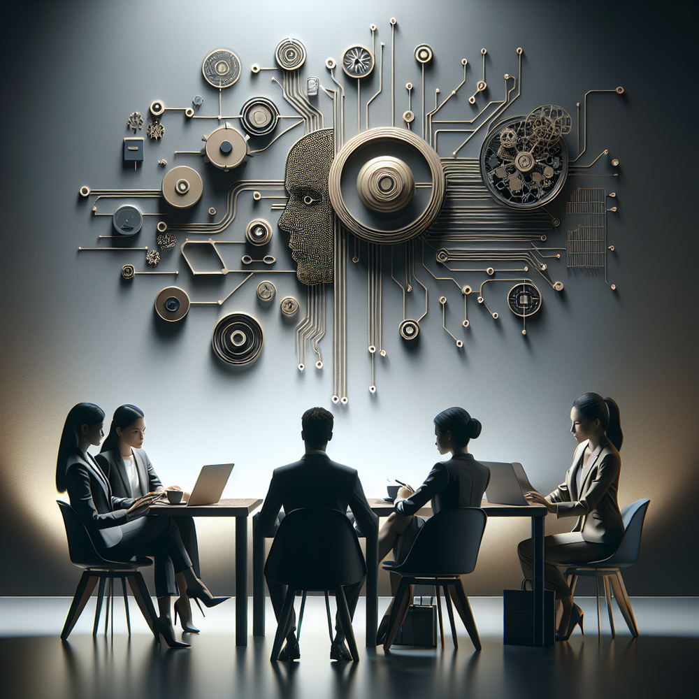 Group of professionals at a table with a tech-inspired wall design in the background.