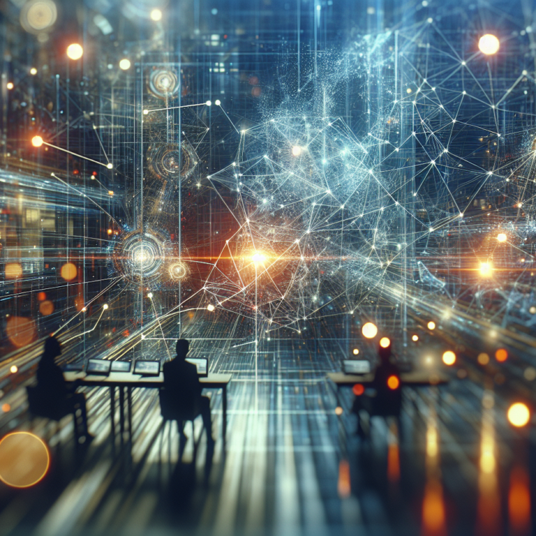 Imagem abstrata de redes digitais e inovação simbolizando marketing de liderança de pensamento e construção de autoridade.