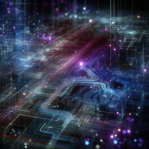 Ilustração conceitual de fluxo de dados e busca inteligente representando transformação digital e autoridade em zero-click search