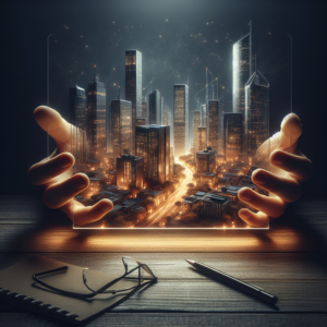 Representação visual de transformação digital em liderança: circuitos luminosos, fluxos de dados e estruturas adaptativas em tom azul e dourado.