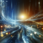 Visualização abstrata de dados transformando-se em insights estratégicos através de luz e padrões geométricos