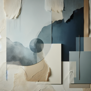 Camadas de texturas artesanais em paleta de azuis modernos e brancos cálidos, representando autenticidade e humanidade no branding contemporâneo