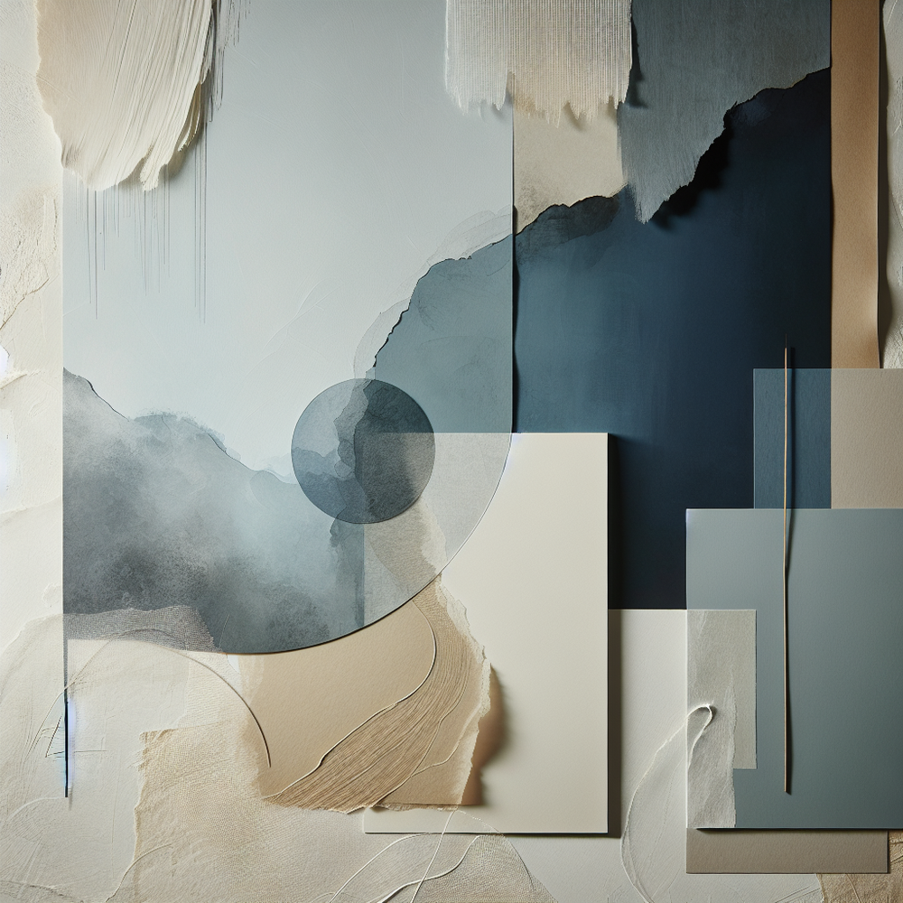 Camadas de texturas artesanais em paleta de azuis modernos e brancos cálidos, representando autenticidade e humanidade no branding contemporâneo