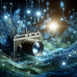 Conceito visual equilibrado entre tecnologia e humanidade: dados luminosos em harmonia com elementos orgânicos naturais