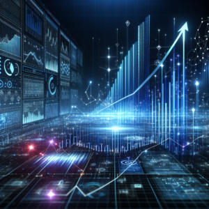 Ilustração abstrata de painéis de dados e gráficos representando cultura analítica madura nas empresas em ambiente digital inovador.