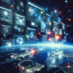 Dashboards de dados e elementos abstratos representando liderança baseada em dados com estratégia e intuição humana em ambiente digital inovador.